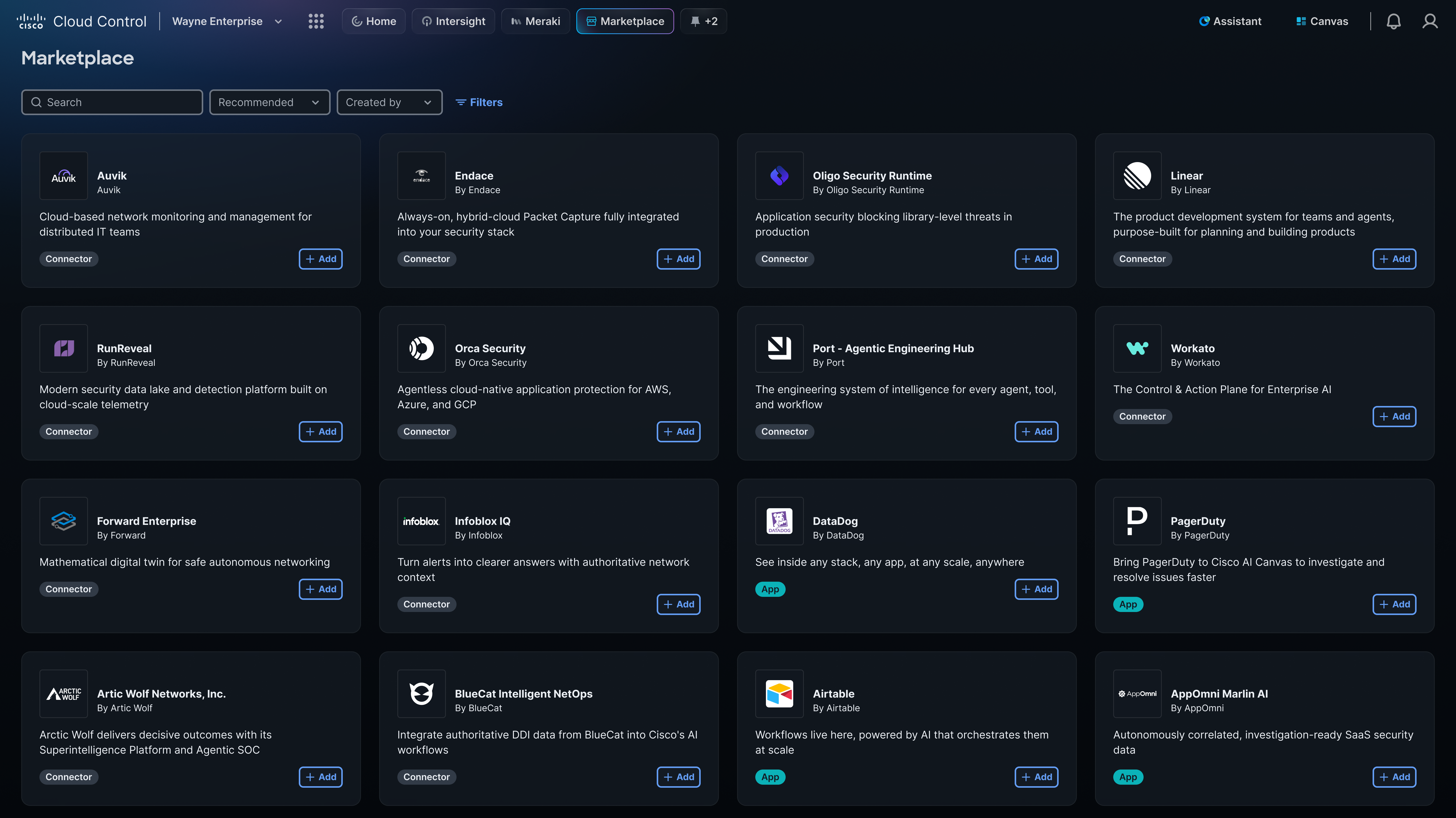 Cisco Cloud Control Marketplace showing partner and workflow connectors including Auvik, Endace, Linear, Workato, DataDog, PagerDuty, Airtable, and AppOmni.